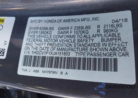 2018 Honda Accord Lx z USA, uszkodzony, nr VIN 1HGCV1F1XJA151803